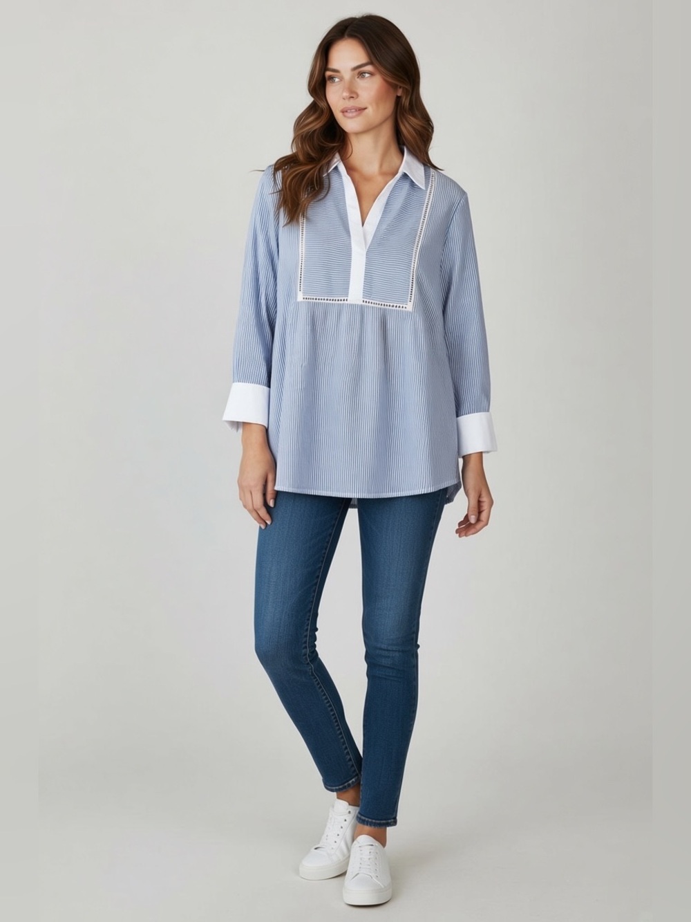 Badgley Mischka Women’s Striped Blue White Collared Shirt Size Large NWT